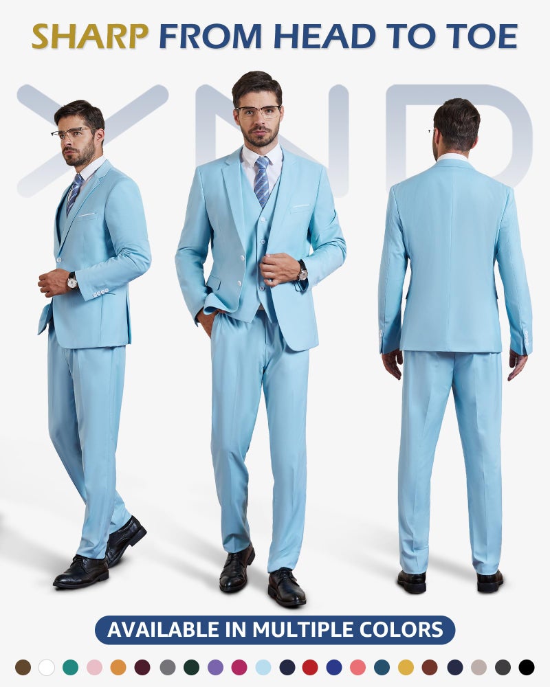 YND Men's 3 Piece Suit Set with Tie, 2 Button Slim Fit Solid Blazer Jacket Vest Pants, Business Wedding Party Suits for Men, Sky - Image 2